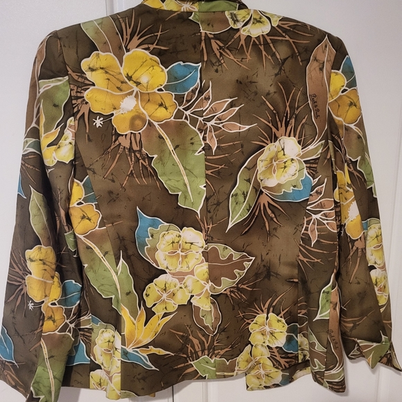 Peck & Peck Collection Womens Open Front Jacket Green Hawaiian Floral Silk - Picture 4 of 6
